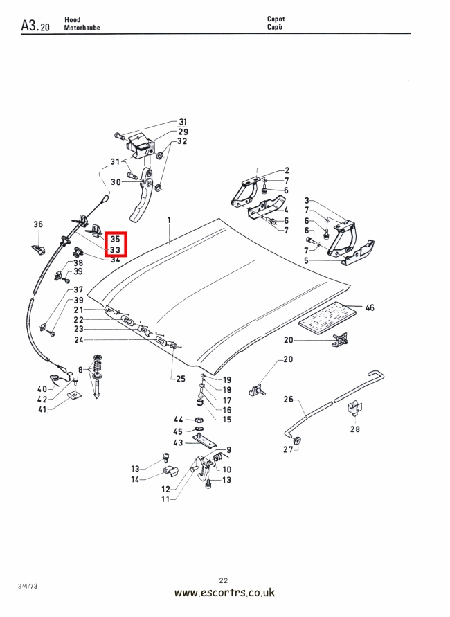 Mk1 Escort Bonnet Release Cable Factory Drawing #1