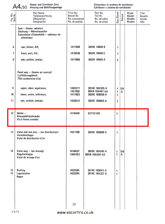 Mk1 Escort Heater Plate & Cowl Assembly Screws Factory Drawing #2